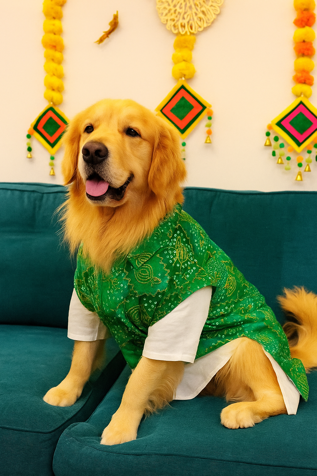 Silk kurta with Green Bandhani bandhgala