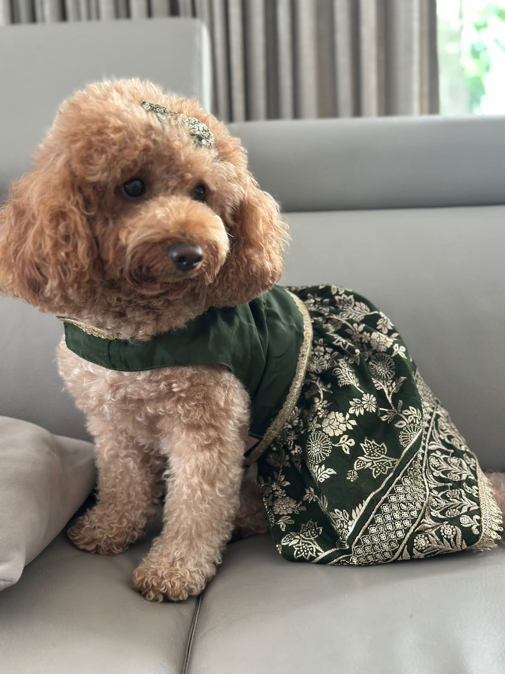 Emerald Green Golden Floral Festive Dress