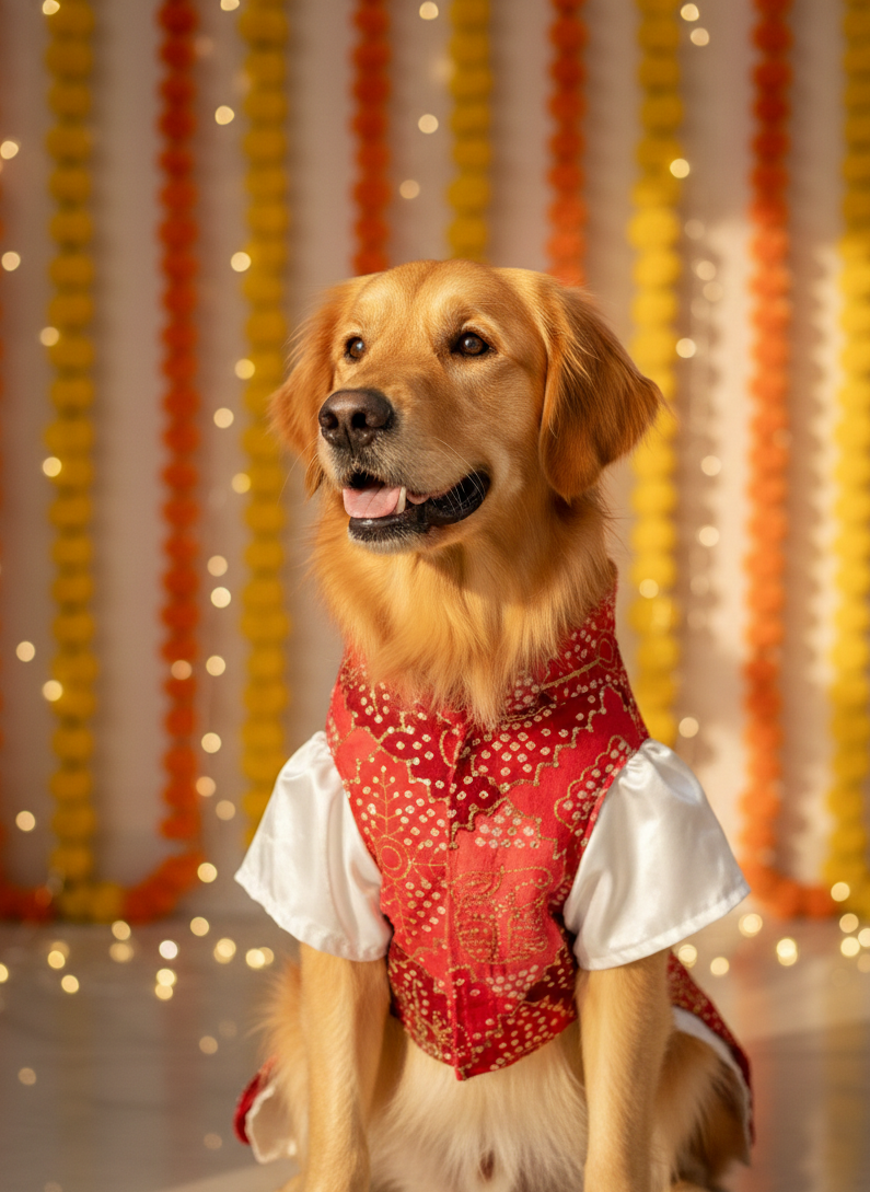 Silk kurta with Red Bandhani bandhgala