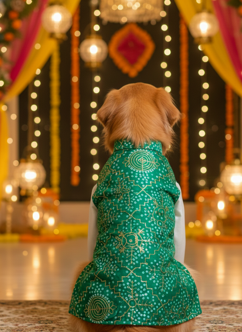 Silk kurta with Green Bandhani bandhgala