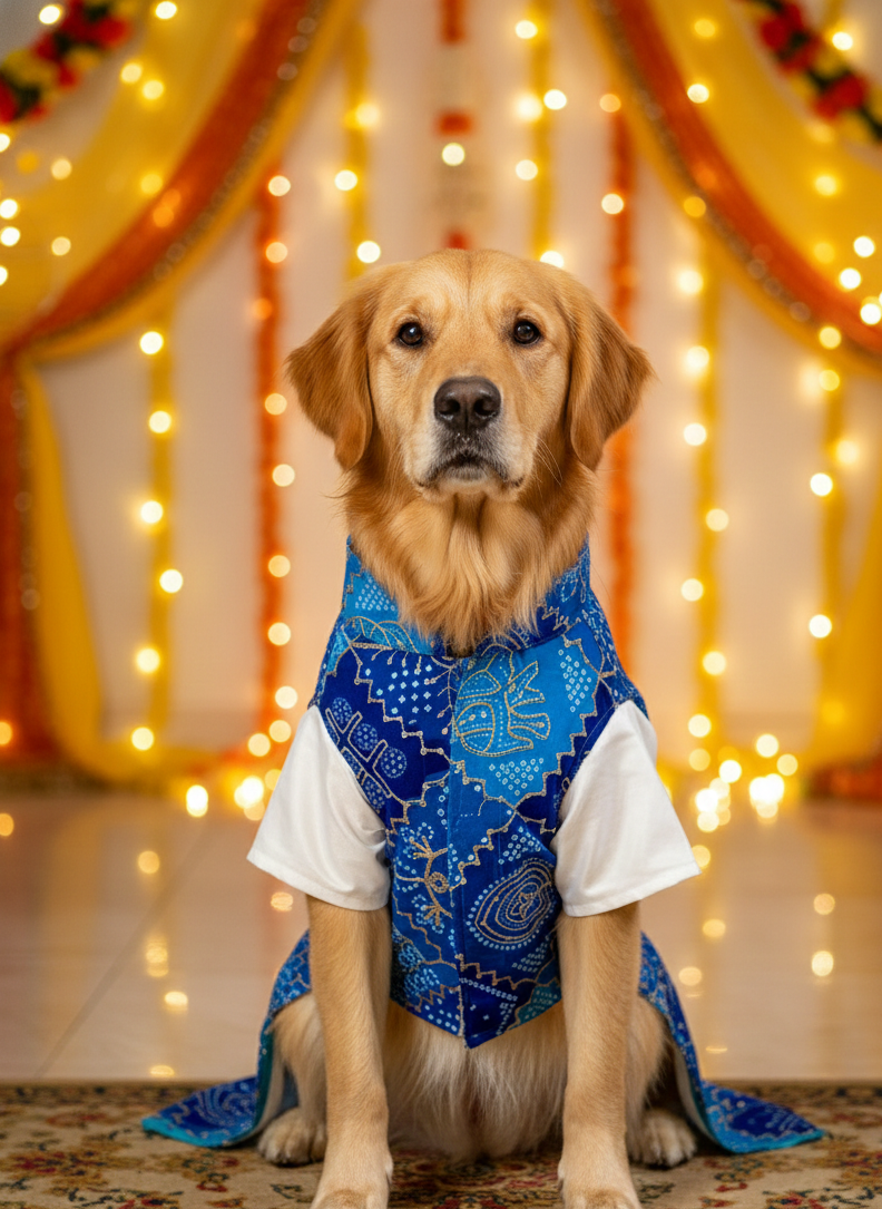 Silk kurta with Blue Bandhani bandhgala