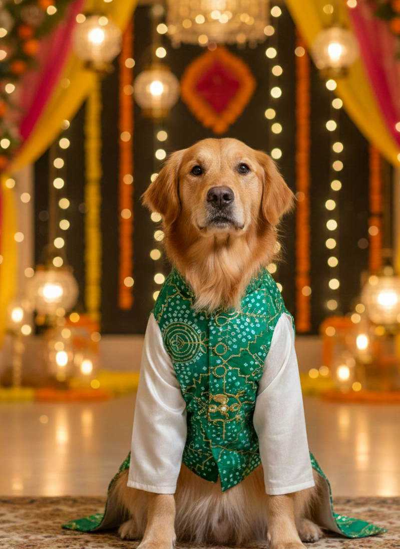 Silk kurta with Green Bandhani bandhgala