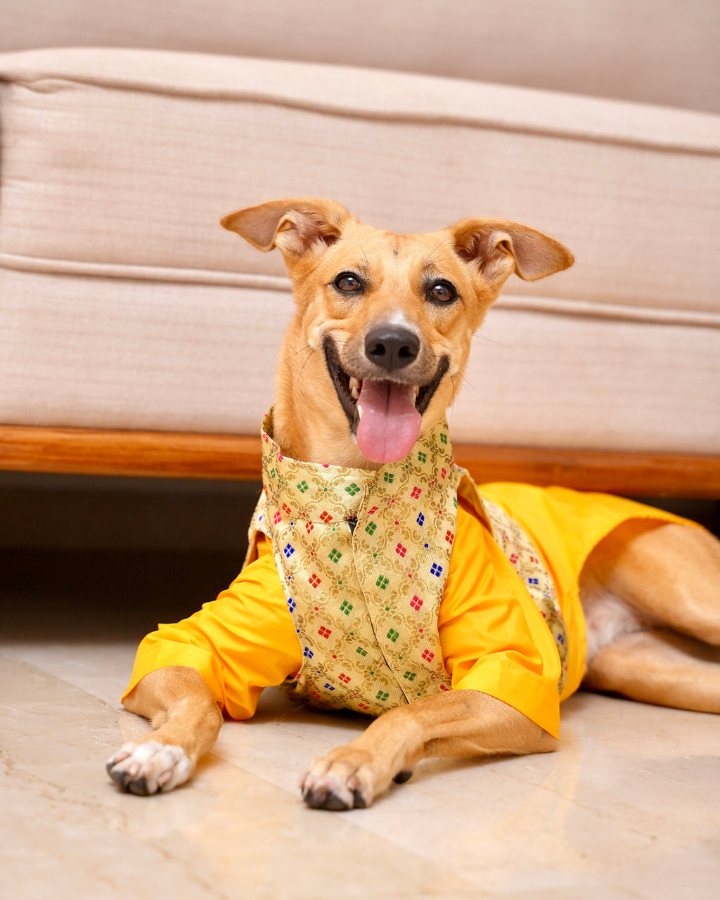 Yellow kurta with Basanti jacket