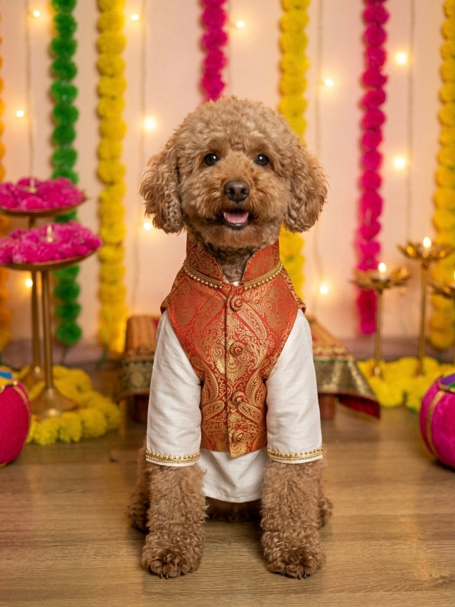 Lal-Shada Pujo Brocade Kurta Set